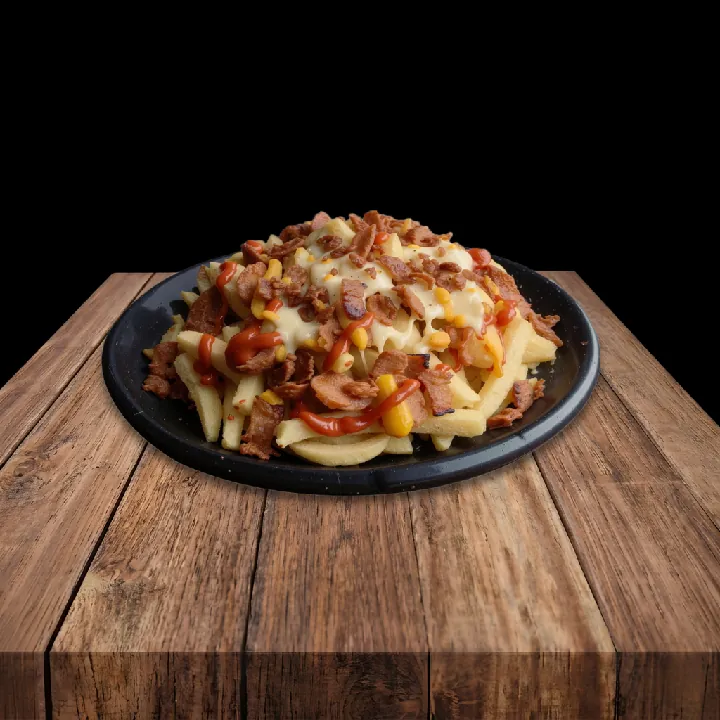 Salchipapa Queso y Tocineta