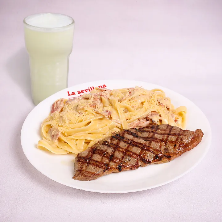 Pasta Carbonara con parrillada de res