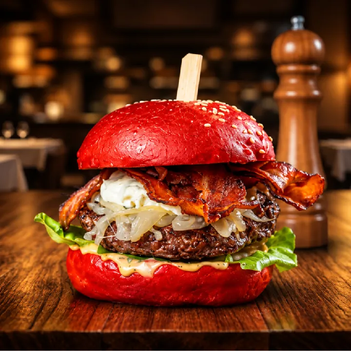 Hamburguesa de entraña Angus con pan rojo