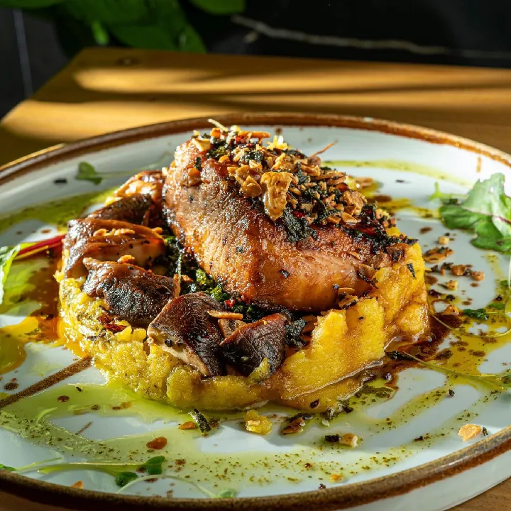 Salmón con puré de guayabo y ponzu