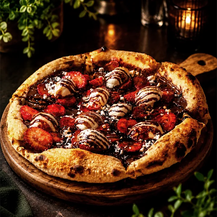 PIZZA DE NUTELLA, FRESAS, MARSHMALLOW